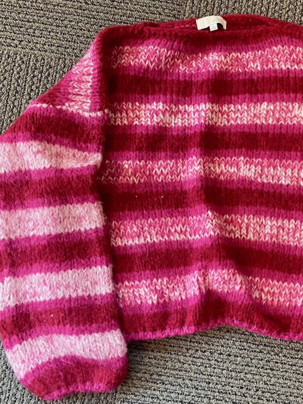 Pinch burgundy & pink striped fuzzy boatneck sweater. Large.